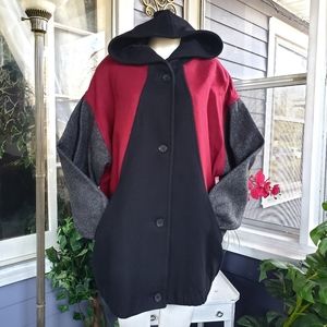 Vintage Leslie Fay Wool Blend Black Gray Maroon Hooded Boho Bomber Jacket XL